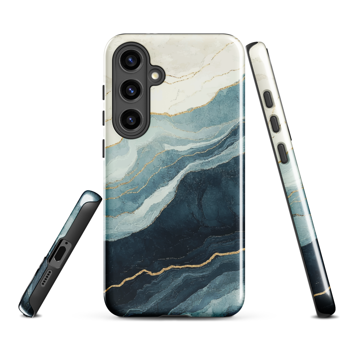 An elegant abstract phone case inspired by layered coastal forms in blue and teal tones.