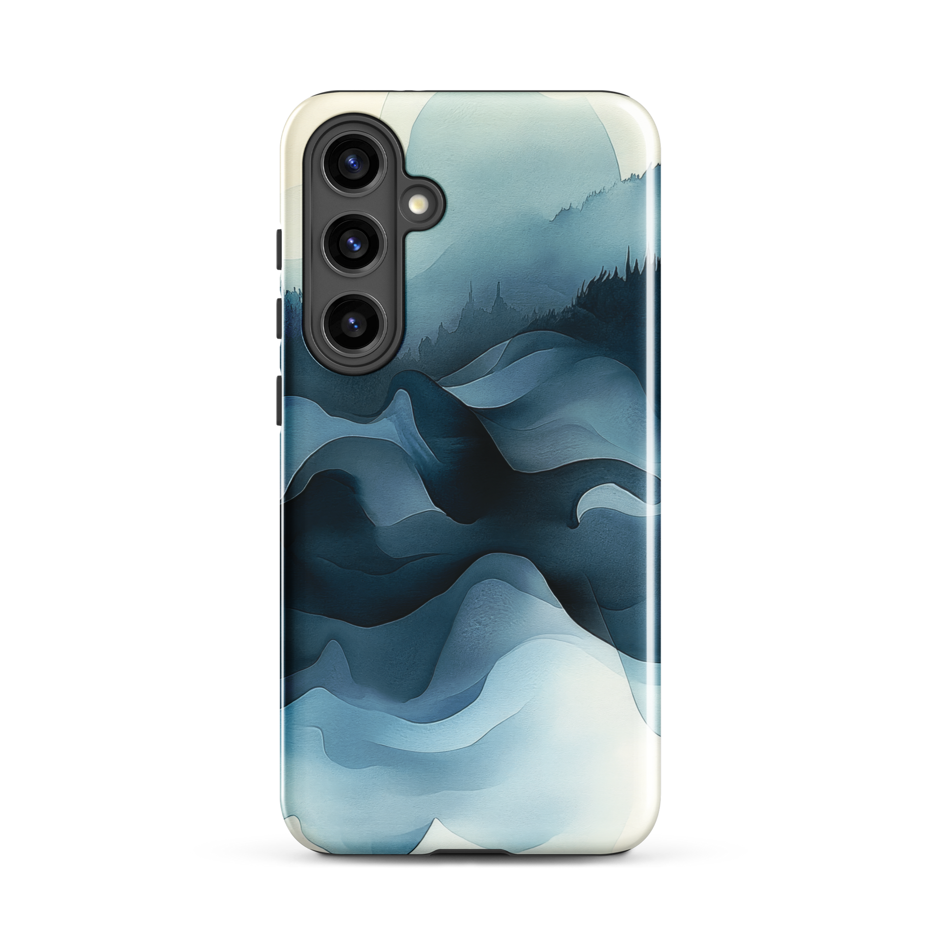 A calming abstract landscape phone case inspired by quiet valleys and soft blue tones.