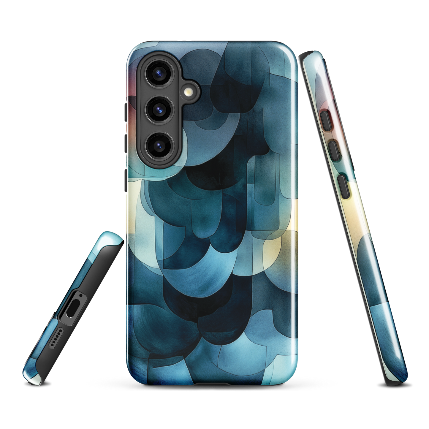 A modern abstract phone case featuring layered blue forms and soft flowing shapes.