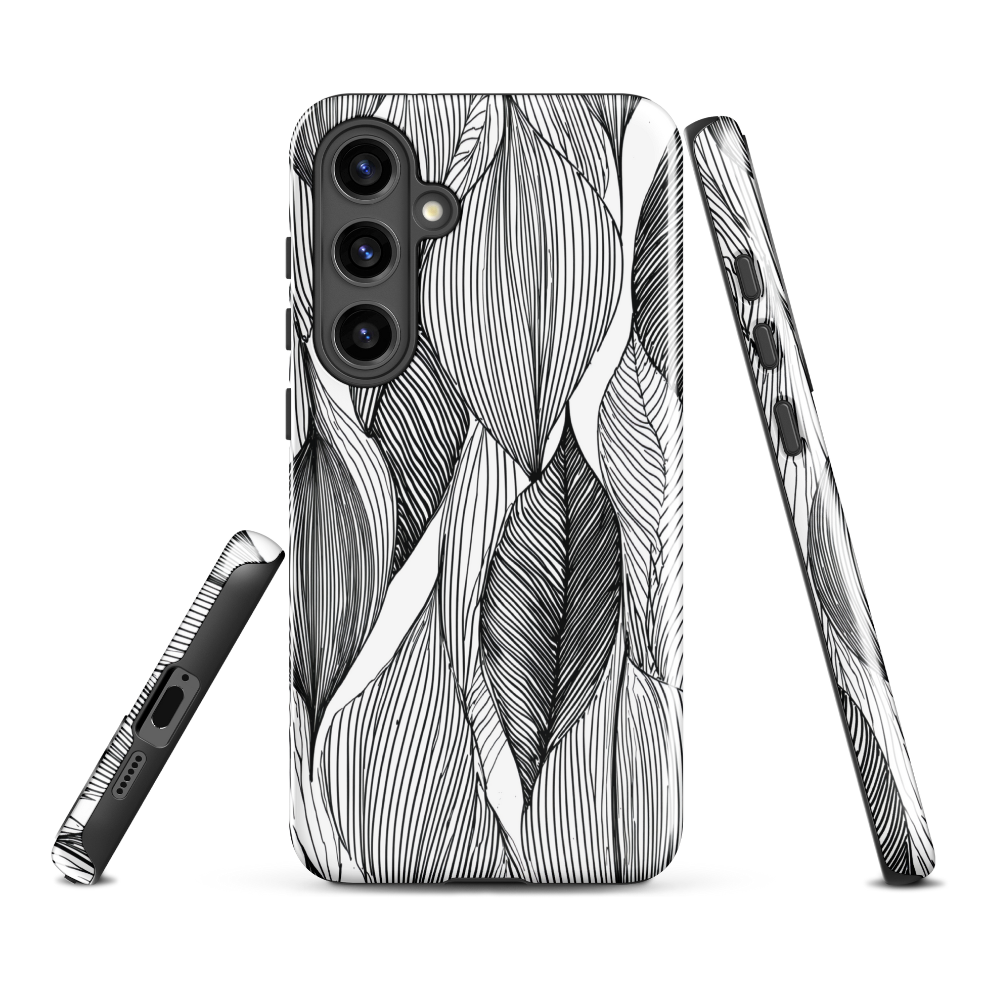 A minimalist phone case featuring fine black botanical linework in a repeating leaf pattern.