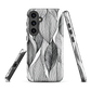 A minimalist phone case featuring fine black botanical linework in a repeating leaf pattern.