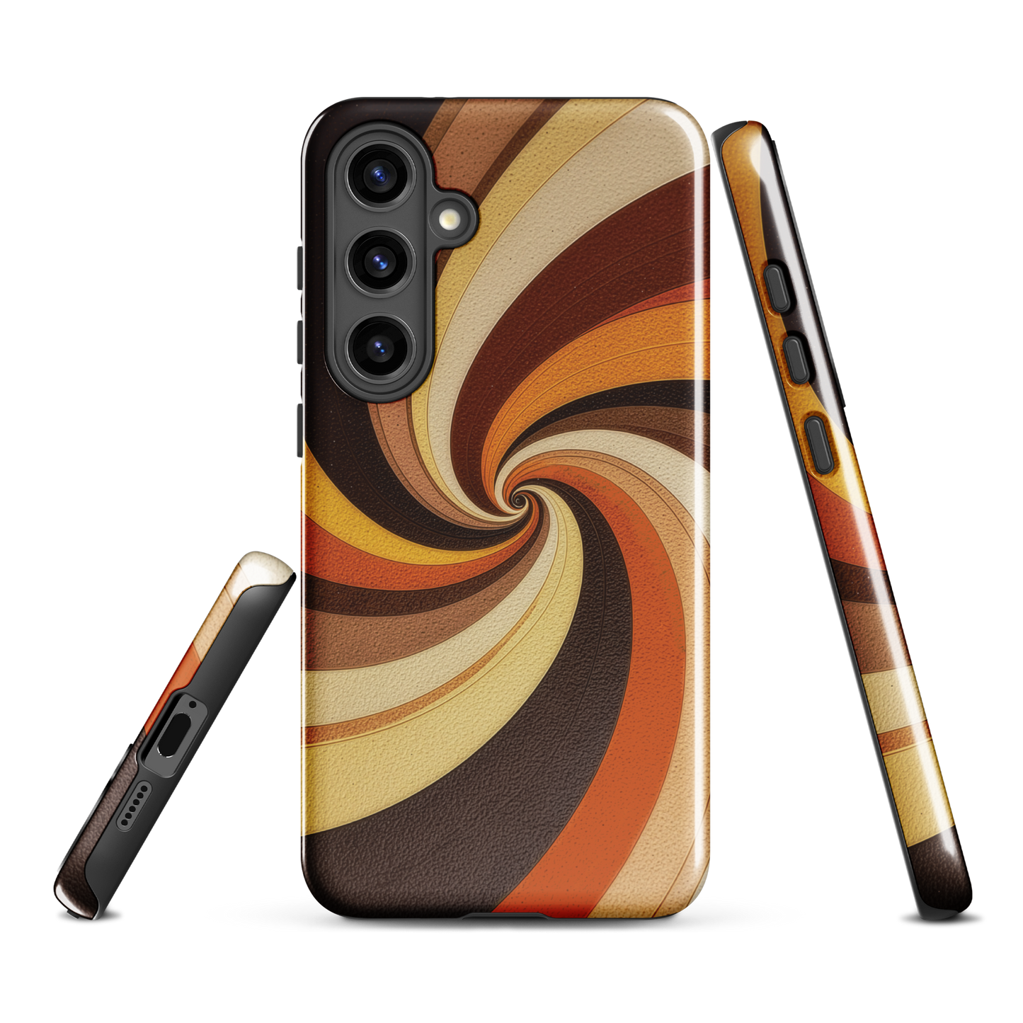 A retro-inspired phone case featuring warm swirling patterns in orange, yellow, and brown tones.
