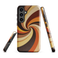 A retro-inspired phone case featuring warm swirling patterns in orange, yellow, and brown tones.