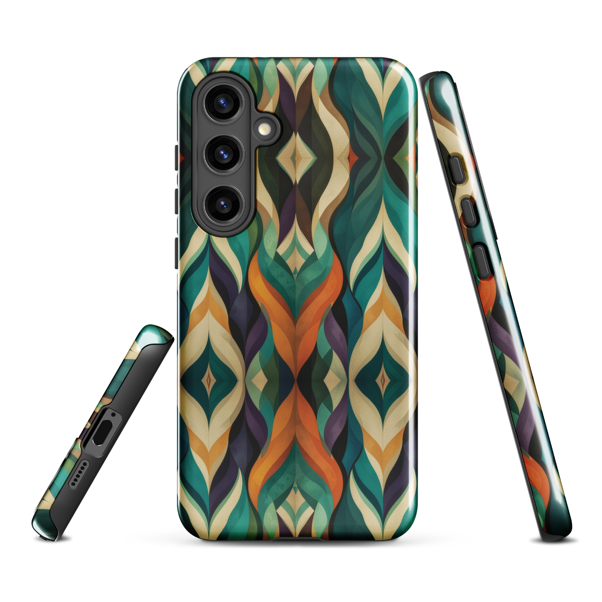 A bold geometric phone case featuring layered shapes in rich, earthy tones.