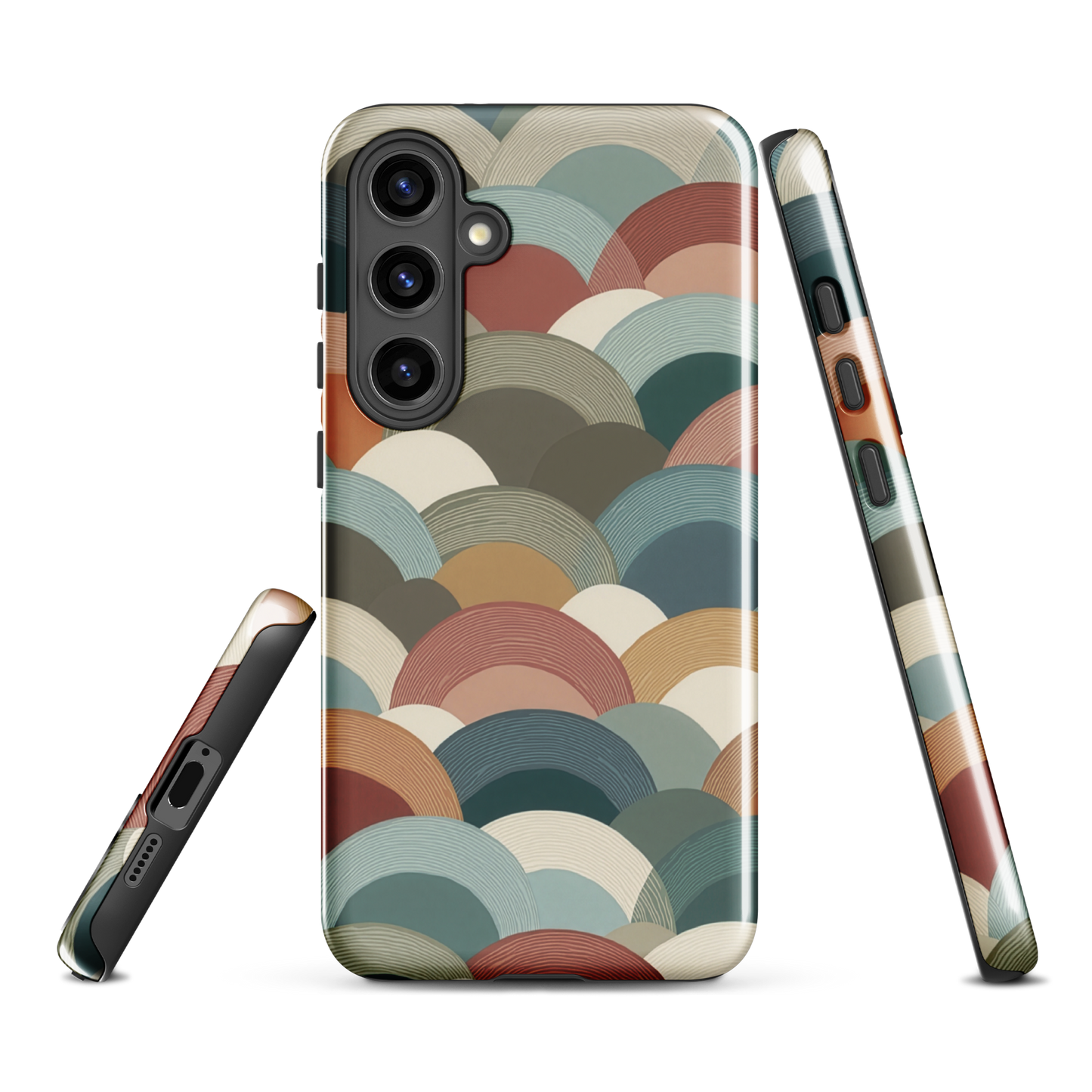 A soft retro-inspired phone case featuring layered arc shapes in warm, earthy tones.