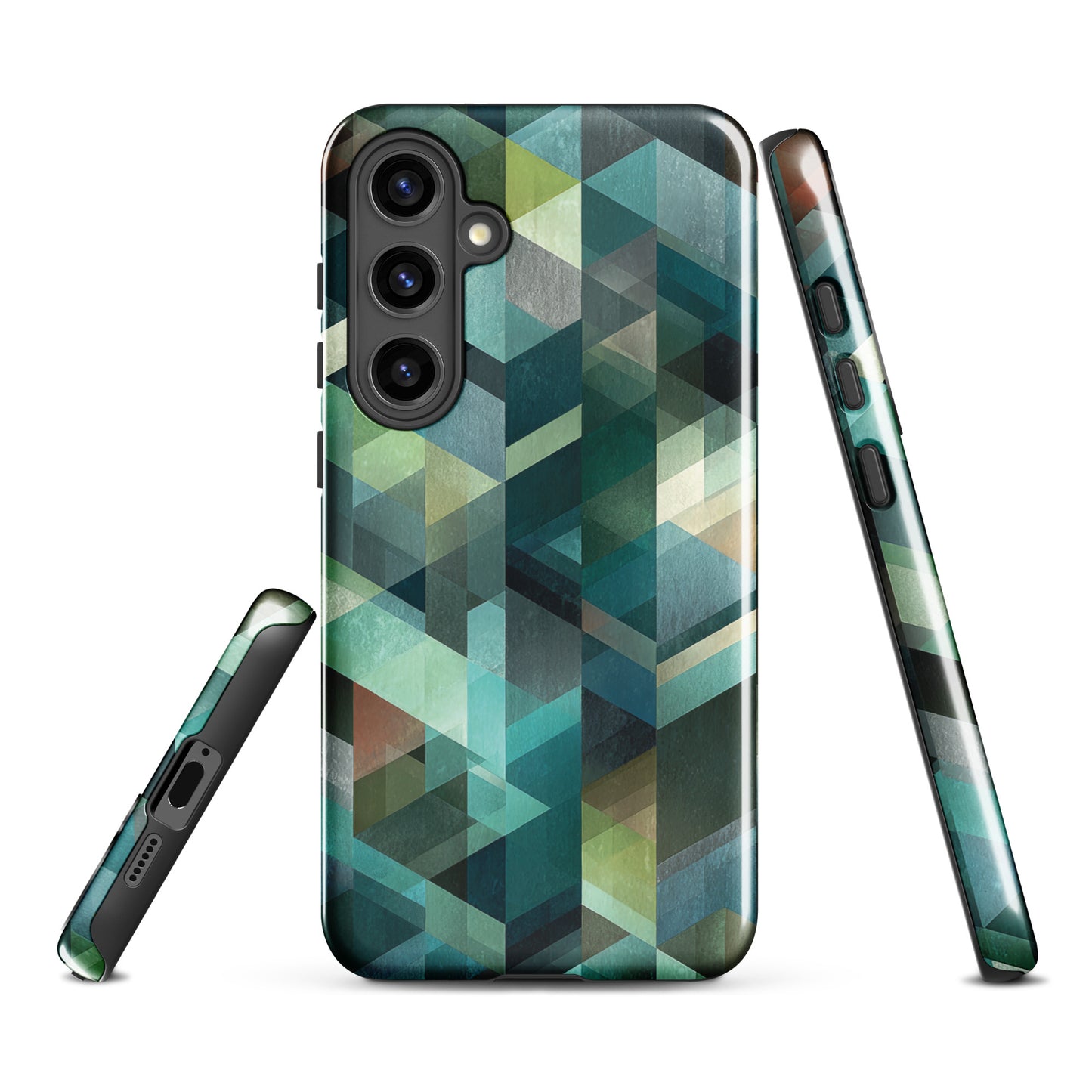 Modern abstract geometric phone case in teal and blue tones with layered retro-inspired shapes.