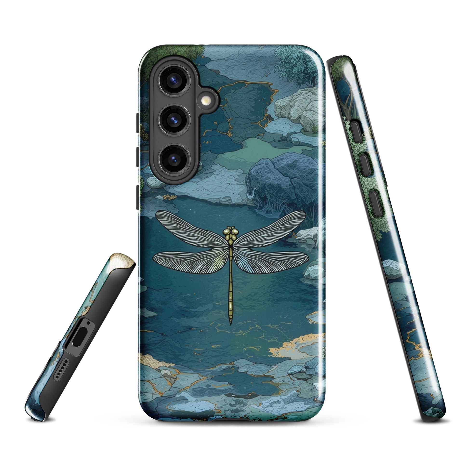 Nature-inspired phone case featuring a dragonfly over calm water with blue and green forest tones.