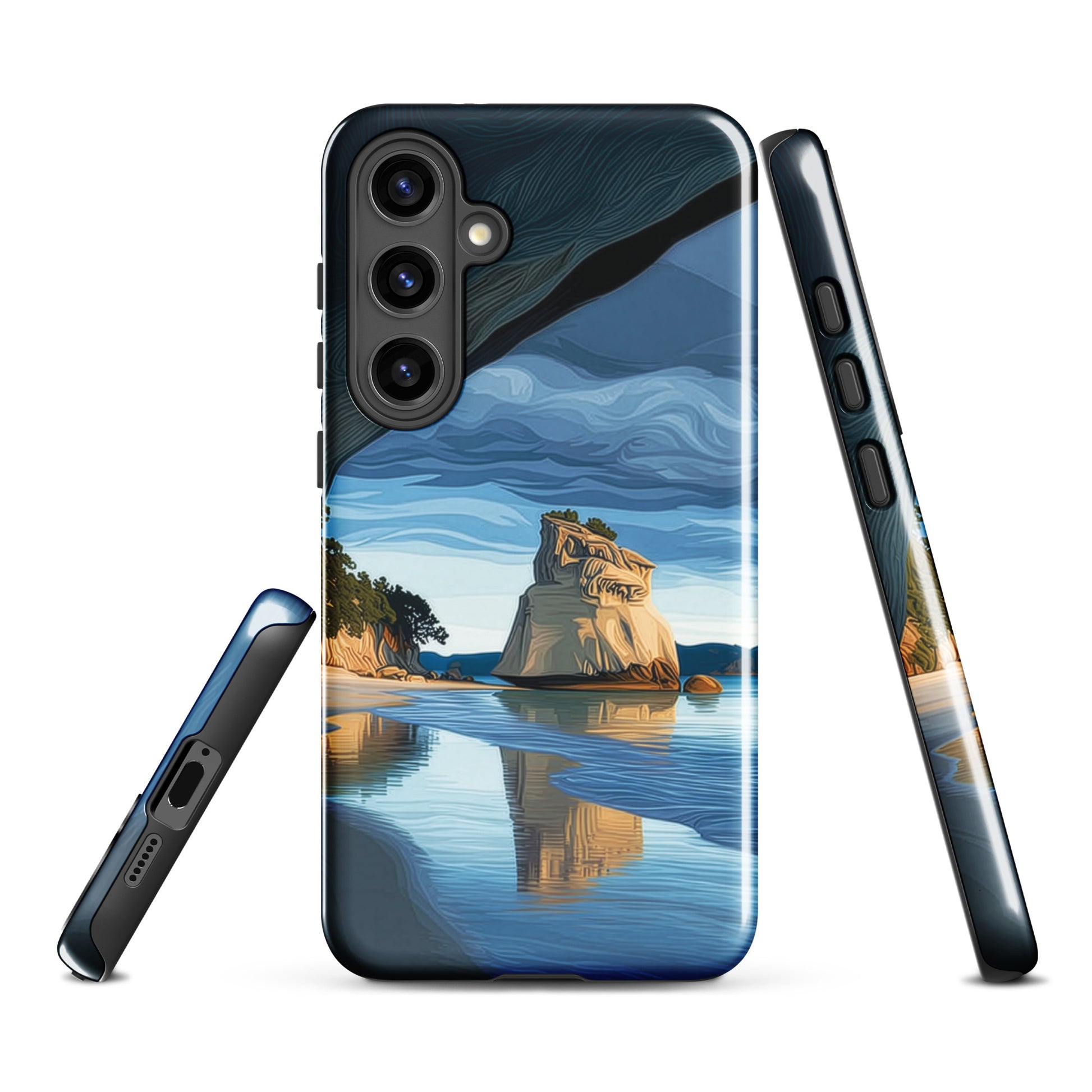 Artistic Cathedral Cove coastal designer phone case with arch rock, blue ocean and golden cliffs