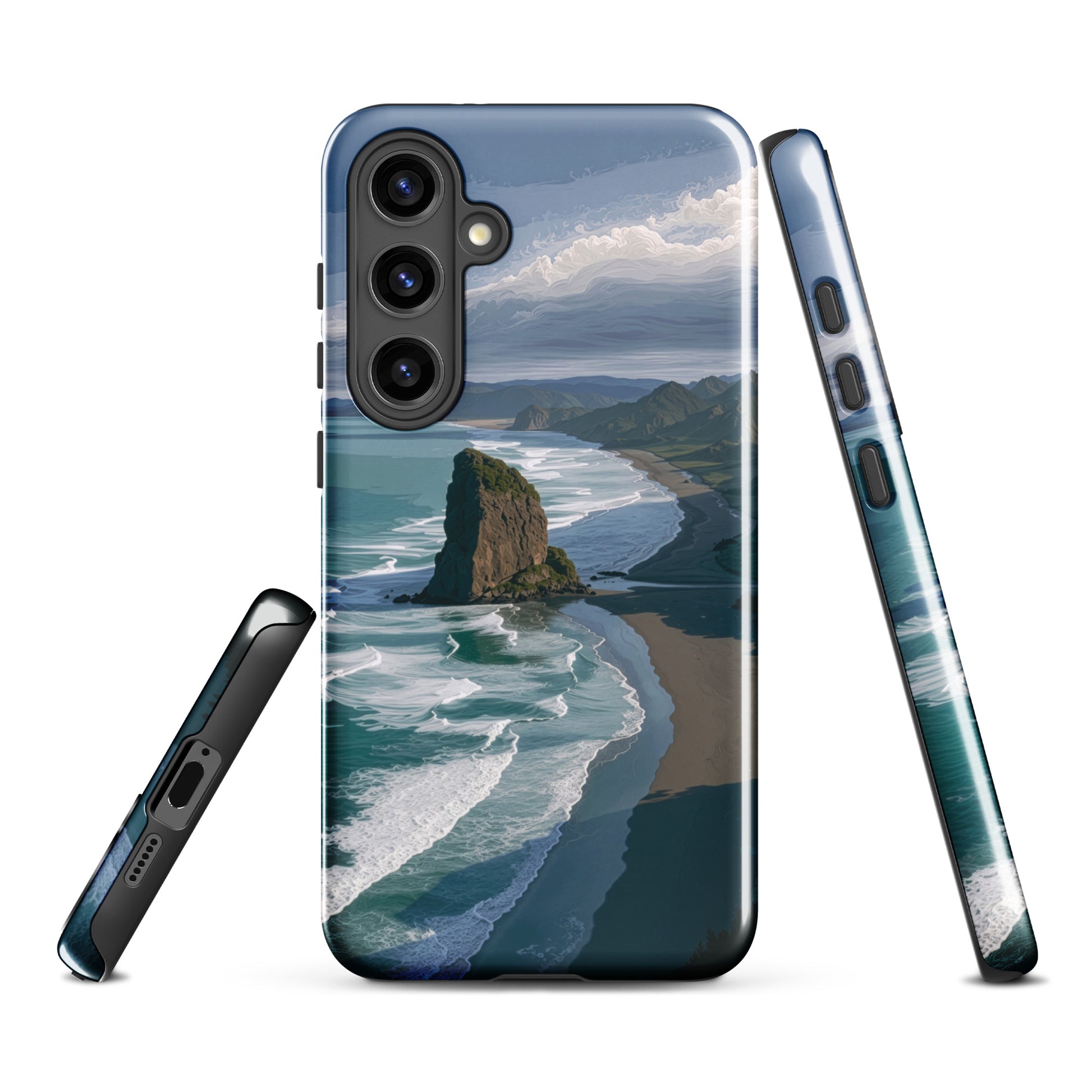 Piha Beach Lion Rock designer phone case with turquoise waves and dramatic NZ coastline