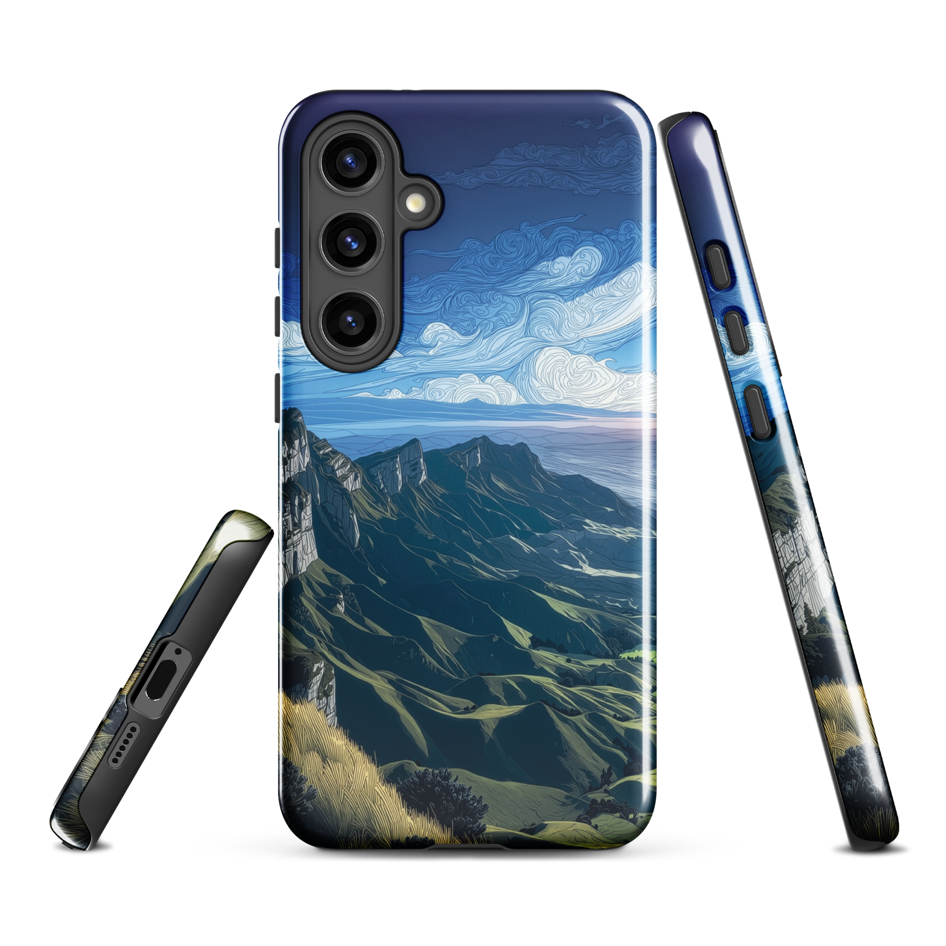 Te Mata Peak designer phone case with Hawke’s Bay cliffs, rolling green hills and dramatic swirling sky