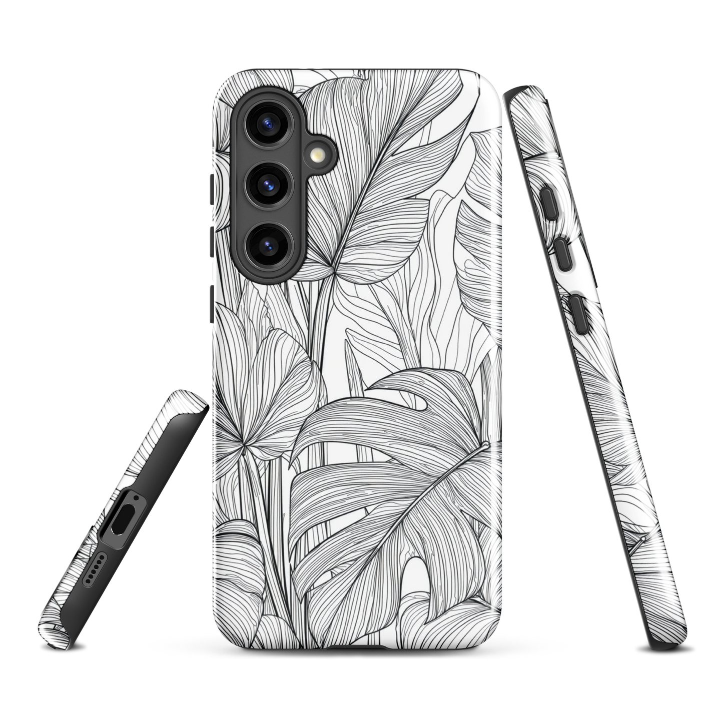 Minimal black and white tropical leaf designer phone case with detailed botanical line art