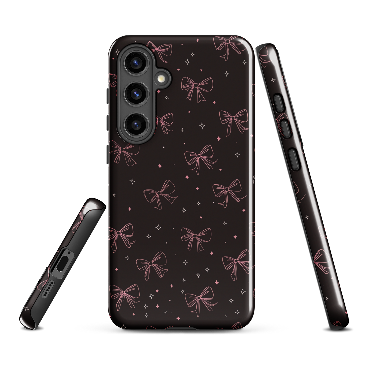 Midnight Bow seamless repeat pattern — pink hand-drawn ribbon bows and sparkle stars on a black background