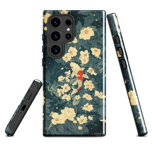 Peaceful koi fish with soft florals on a protective phone case, by NZ designer Ben Hart