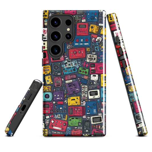 'Arcade' Samsung case, featuring a vibrant collage of hand-drawn controllers in bold, vintage-inspired colours. From electric blue and hot pink to classic black and yellow
