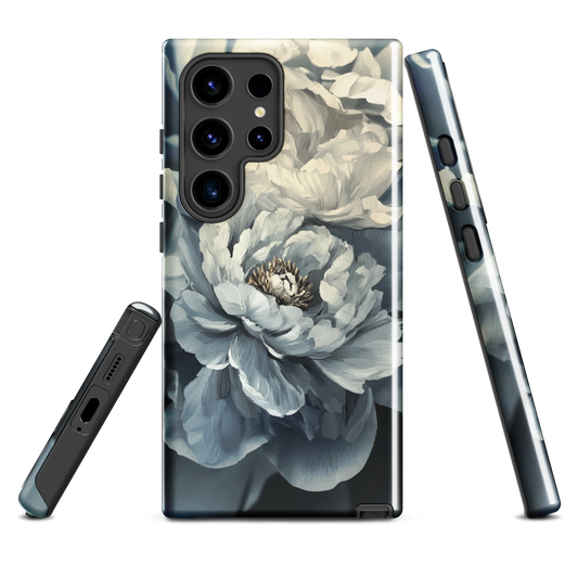 'Whisper' Samsung case features a stunning close-up of softly painted peony blooms in dreamy shades of ivory, grey, and smoky blue.