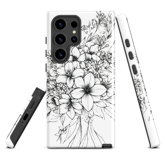 Black and white floral phone case with hand-drawn lilies and wildflowers