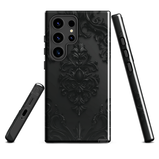 Black embossed obsidian phone case with gothic baroque pattern.