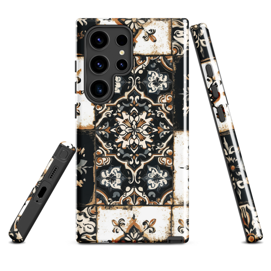 Moroccan tile pattern phone case in black, white, and gold tones with vintage-inspired design.