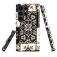 Moroccan tile pattern phone case in black, white, and gold tones with vintage-inspired design.