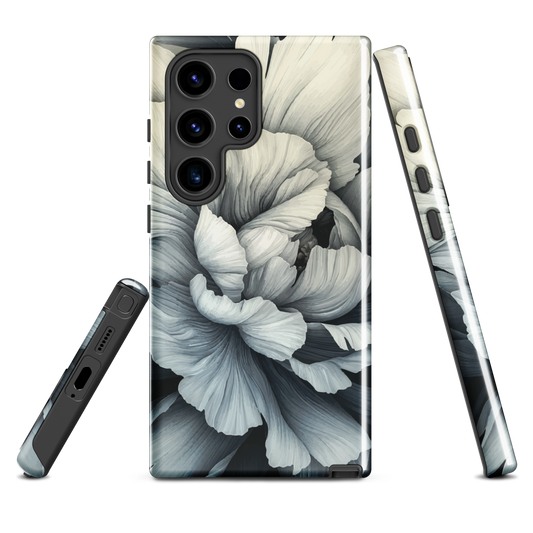 Black and white floral phone case featuring a soft, moody peony design by New Zealand artist Ben Hart.
