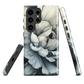 Black and white floral phone case featuring a soft, moody peony design by New Zealand artist Ben Hart.