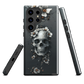 Gothic phone case with a floral skull design in grey tones, featuring white blossoms and dark detailing.