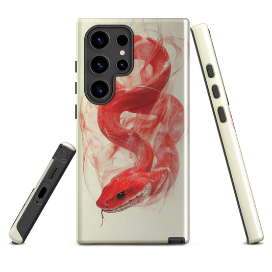 Phone case with red snake design on a cream background, coiled in smoky detail. Bold artwork by NZ designer Ben Hart.