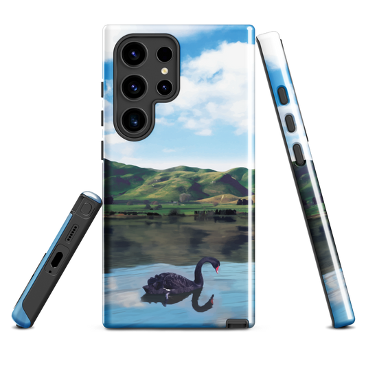 Phone case with a black swan on a calm lake, New Zealand hills in the background. Art by NZ designer Ben Hart.