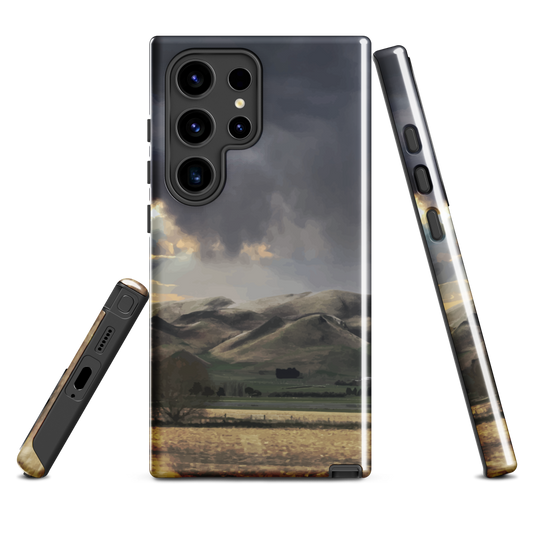 Designer phone case with NZ landscape painting of Te Hauke and cloudy skies by Ben Hart.