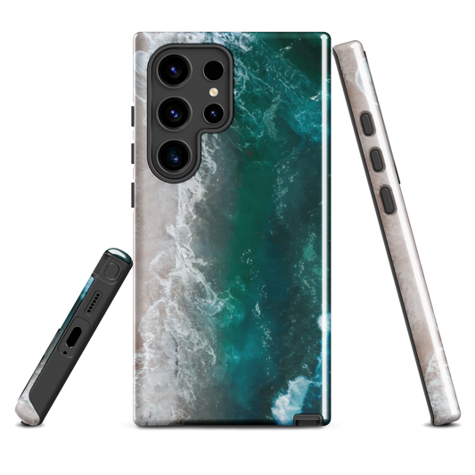 Ocean wave phone case with abstract beach design in teal and white, by NZ artist Ben Hart.