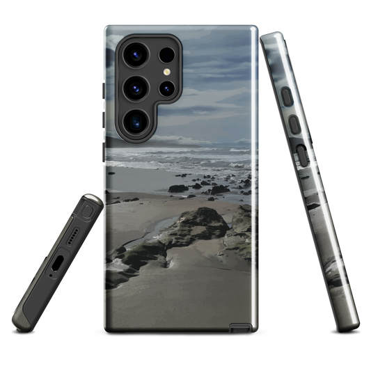 Phone case with artwork of Riversdale Beach, Masterton – rocks, waves and sky by NZ artist Ben Hart.