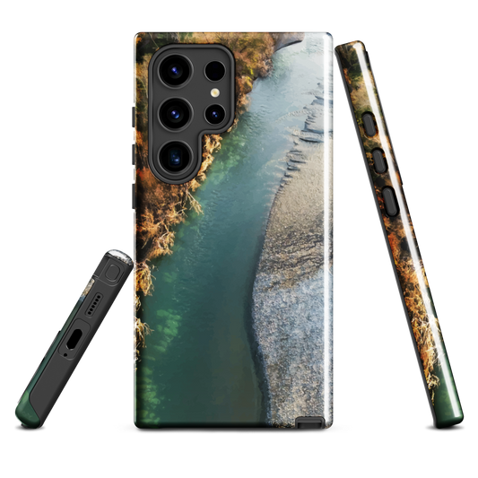 Phone case with aerial riverbend artwork and earthy tones, designed by New Zealand artist Ben Hart.