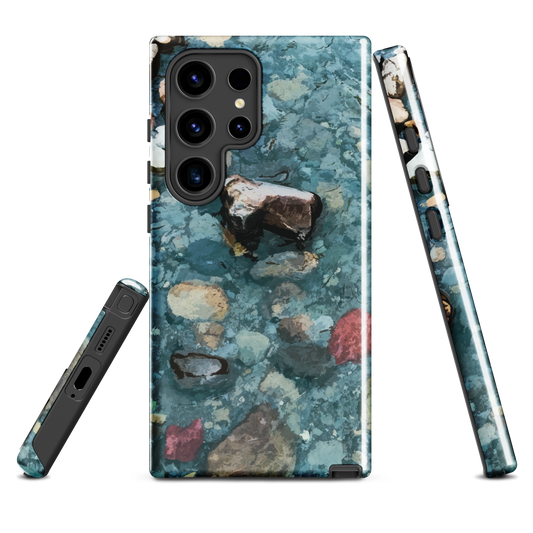 Washed Away designer phone case with abstract river stone artwork in earthy blues and natural tones.