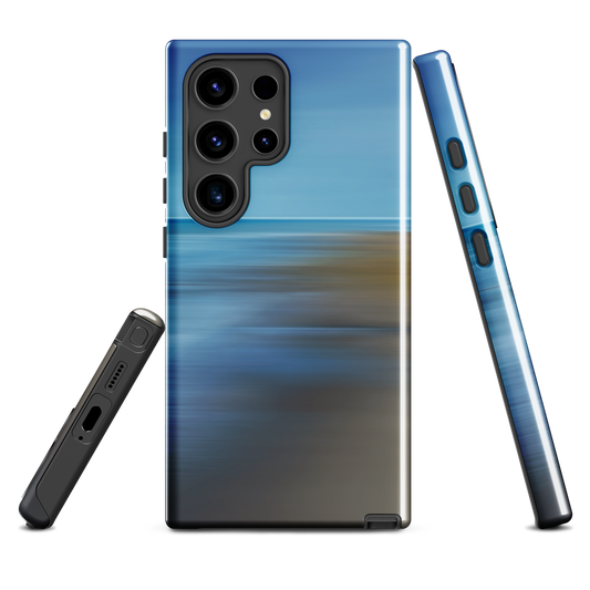 Ocean Breeze phone case with abstract blue and sandy tones inspired by sea and sky.