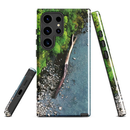Resting Place phone case with aerial artwork of river rocks, green bush, and driftwood in a New Zealand stream.