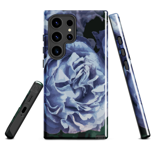 Designer phone case with a bold blue rose artwork and glossy finish.