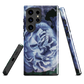 Designer phone case with a bold blue rose artwork and glossy finish.