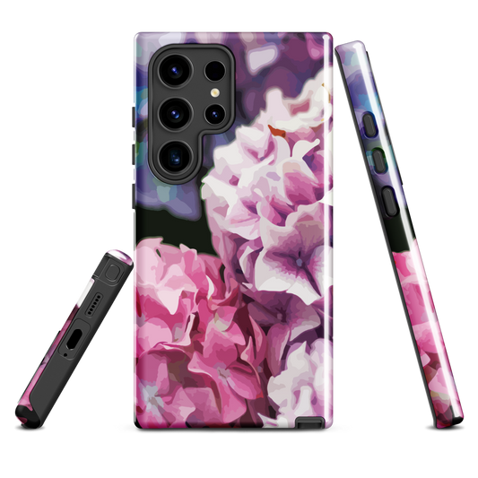 Designer phone case with pink and purple hydrangea floral artwork.