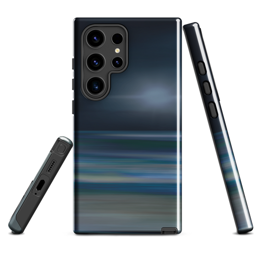 Dark abstract phone case with blue and grey streaks and glossy finish.