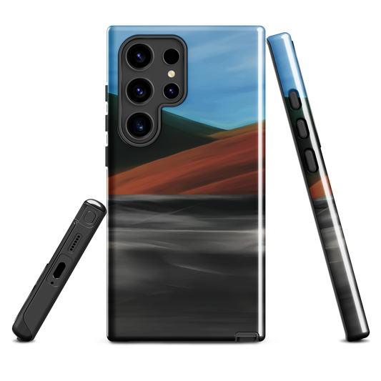 Phone case with abstract red, green, and blue heat wave landscape design.