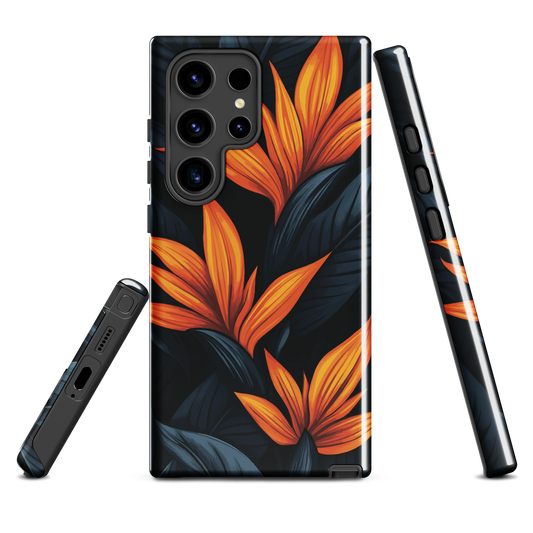 Phone case with bold orange bird of paradise flowers on dark background.