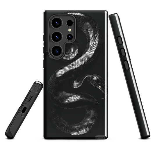 Phone case with detailed black python design on dark background.