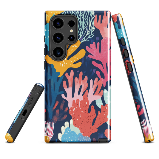 Colourful coral reef phone case design in pink, blue and yellow by NZ artist Ben Hart