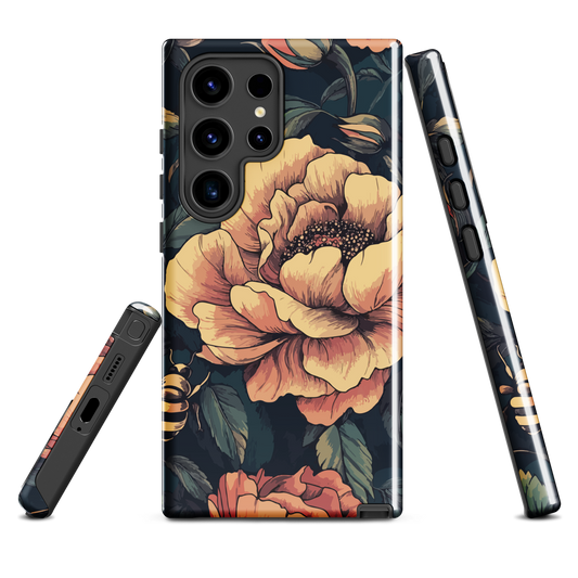 Phone case with vintage-style pink roses and bees on dark background, floral New Zealand artwork.