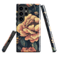 Phone case with vintage-style pink roses and bees on dark background, floral New Zealand artwork.