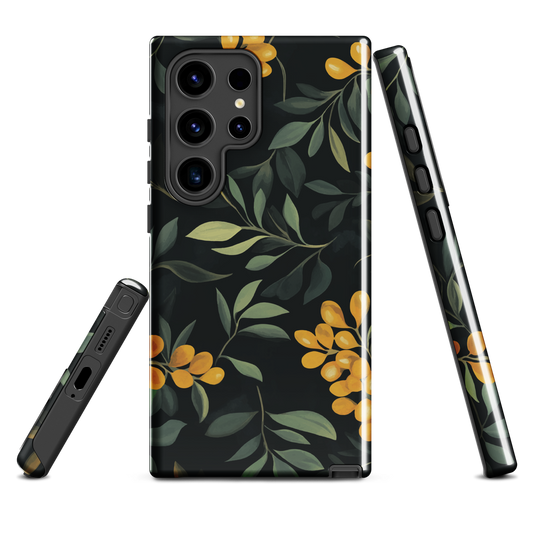 NZ Kowhai phone case with native yellow floral and green leaves on black background by designer Ben Hart.