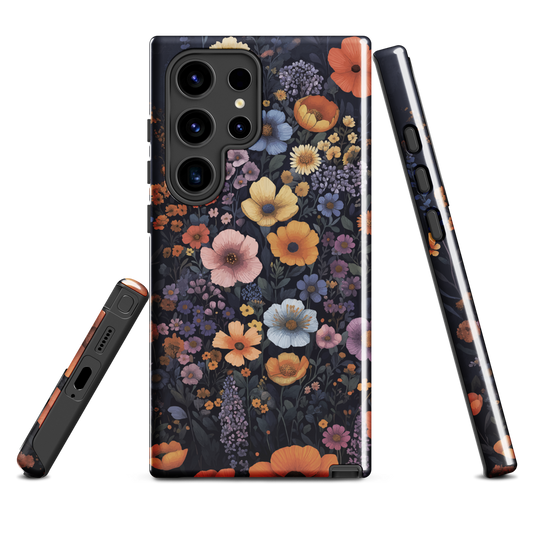 Phone case with colourful wildflowers on dark background, floral art design