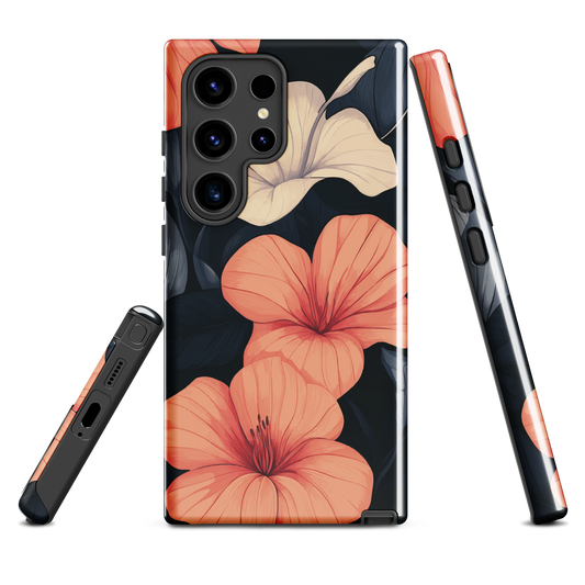 Phone case with coral hibiscus flowers and ivory blooms on dark background