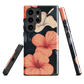 Phone case with coral hibiscus flowers and ivory blooms on dark background