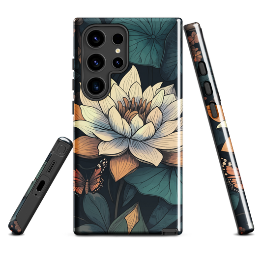 Phone case with ivory water lily, green leaves, and butterfly accents on dark background